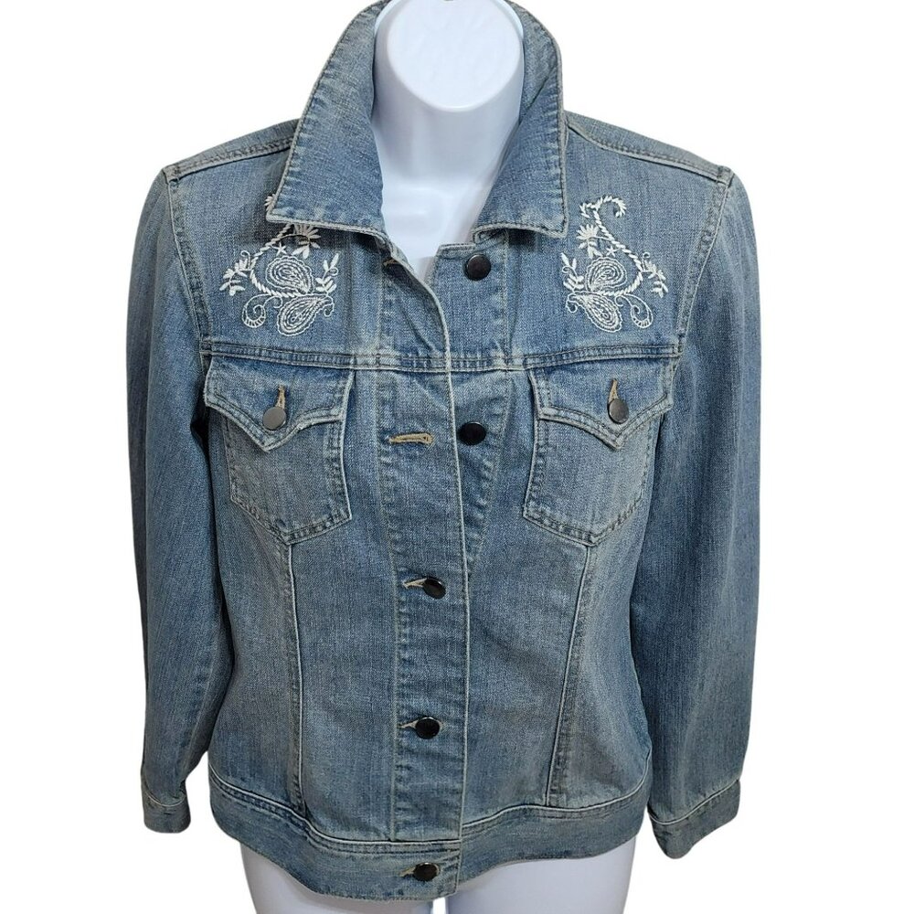 Coldwater Creek Denim Jacket, Women 8, Blue, White Embroidered Paisley ,EUC
